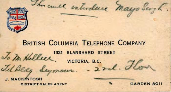 [Business card of J. Mackintosh, District Sales Agent, British Columbia Telephone Company]