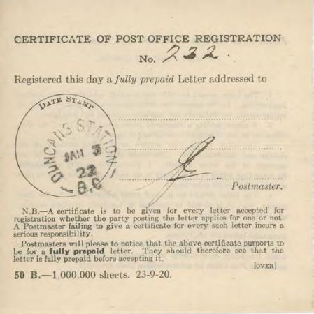 [Certificate of Post Office Registration]