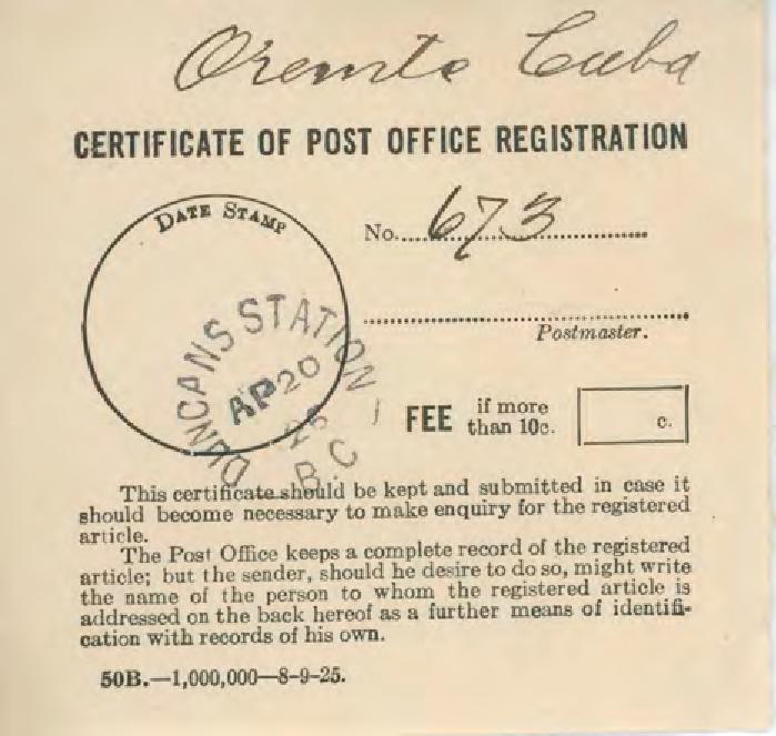 [Certificate of Post Office Registration number addressed to Oremte Cuba]