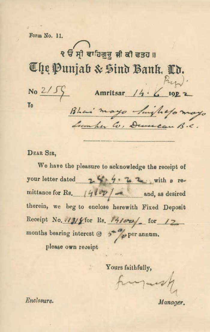 [Receipt from the Punjab & Sind Bank Ltd. to Mayo Singh]