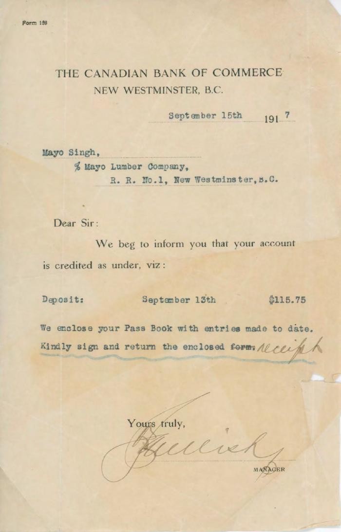 [Letter from the Canadian Bank of Commerce in New Westminster, B.C to Mayo Singh]