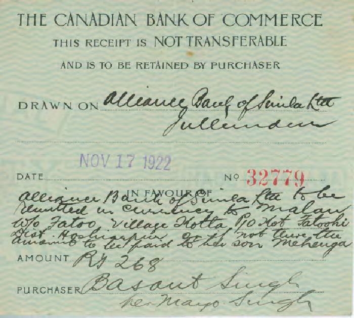 [Purchaser's receipt from the Canadian Bank of Commerce to Basant Singh]
