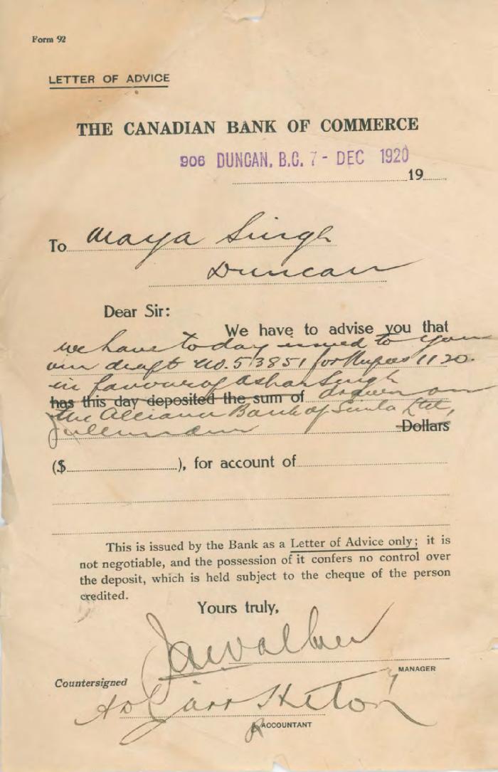 [Letter of advice from the Canadian Bank of Commerce to Mayo Singh, Duncan]