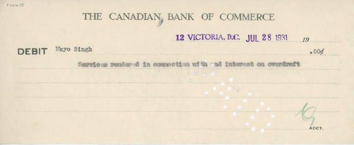[Debit note from the Canadian Bank of Commerce]