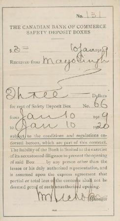 [Safety deposit box receipt from the Canadian Bank of Commerce to Mayo Singh]