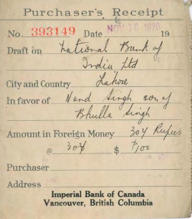 [Purchaser's receipt issued by the Imperial Bank of Canada]