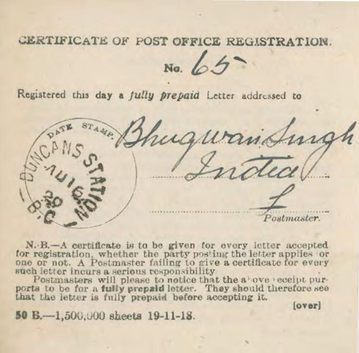 [Certificate of Post Office Registration addressed to Bhugwan Singh]