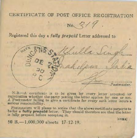 [Certificate of Post Office Registration addressed to Bhulla Singh]