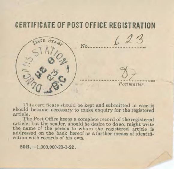 [Certificate of Post Office Registration]