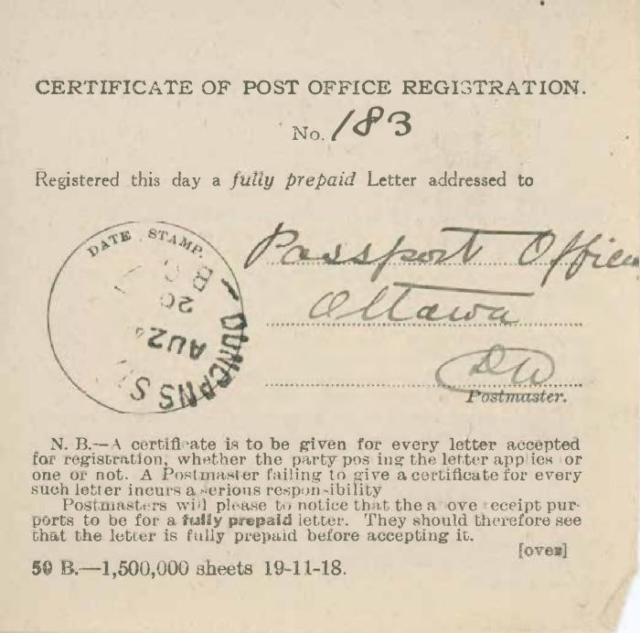 [Certificate of Post Office Registration addressed to the passport officer in Ottawa]