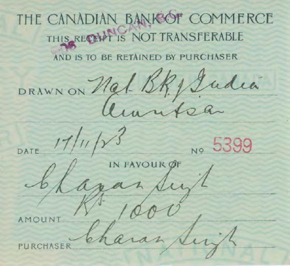 [Purchaser's receipt from the Canadian Bank of Commerce to Bharan Singh]