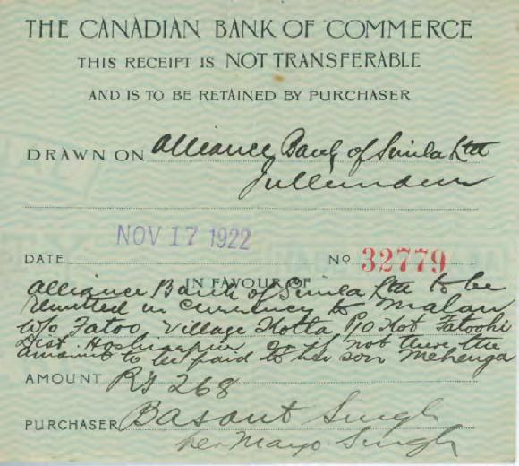 [Purchaser's receipt from the Canadian Bank of Commerce to Basant Singh]