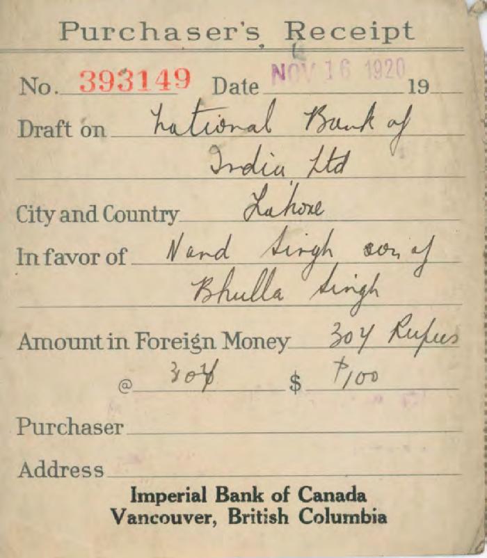 [Purchaser's receipt issued by the Imperial Bank of Canada]