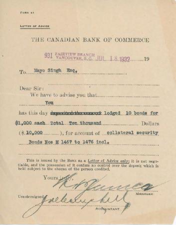 [Letter of advice from the Canadian Bank of Commerce to Mayo Singh]