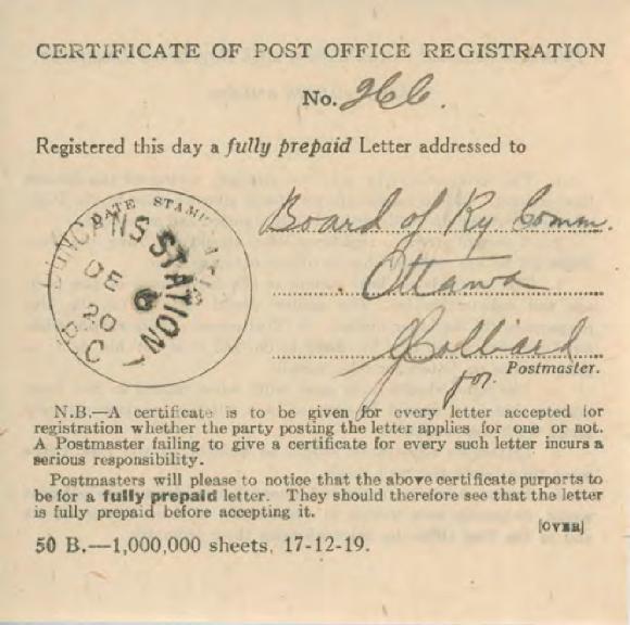 [Certificate of Post Office Registration addressed to the Board of Railway Commissioner in Ottawa]