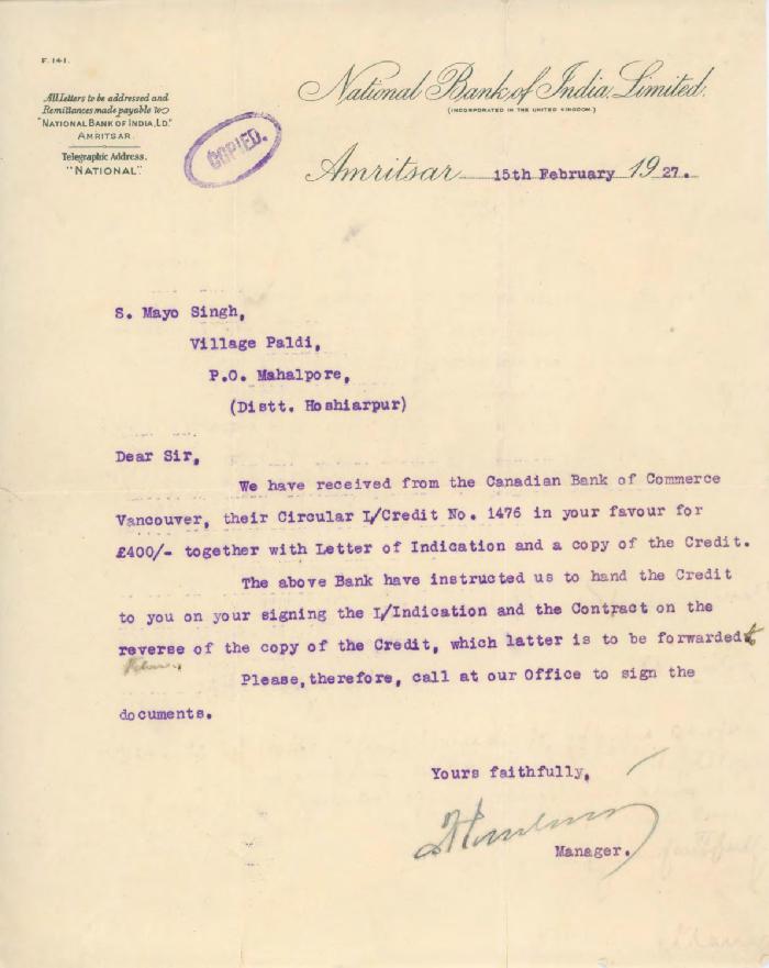 [Letter from the National Bank of India Limited to Mayo Singh]