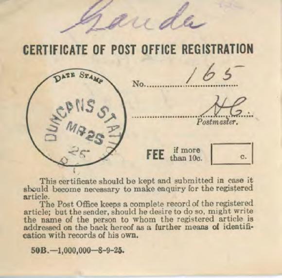 [Certificate of Post Office Registration addressed to Ganda Singh]
