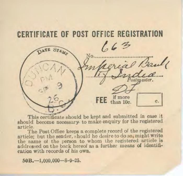 [Certificate of Post Office Registration addressed to Imperial Bank of India]