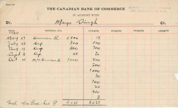 [Mayo Singh's account statement from the Canadian Bank of Commerce]