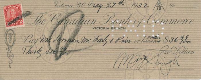 [Cheque from Mayo Singh to Mc Lennan]
