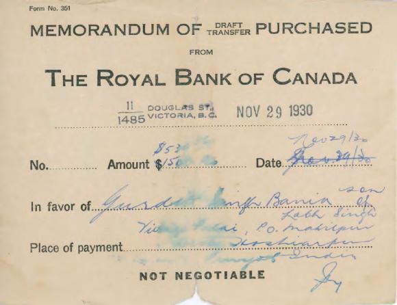 [Memorandum of draft transfer purchased for Gurditt Singh Bania]