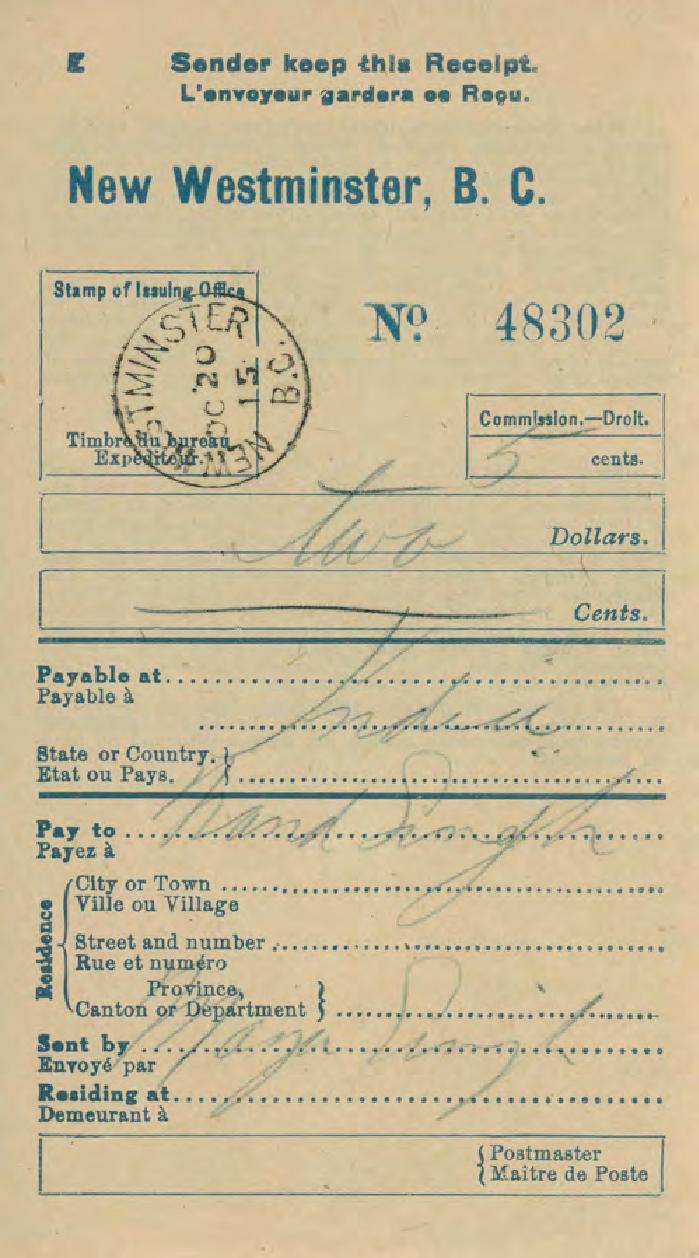 [Postal money receipt from Mayo Singh to Nand Singh]