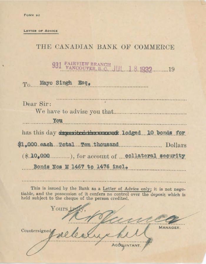 [Letter of advice from the Canadian Bank of Commerce to Mayo Singh]