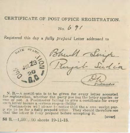 [Certificate of Post Office Registration addressed to Bhull Singh]