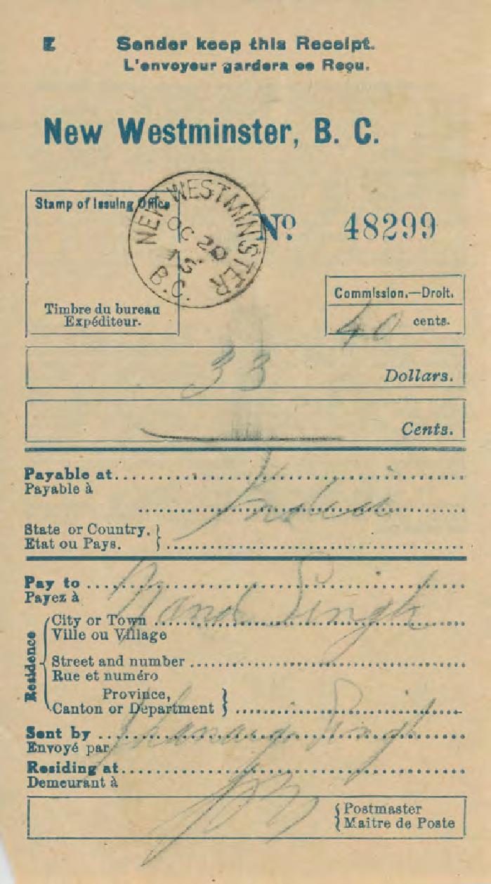 [Postal money receipt from [?] to Nand Singh]