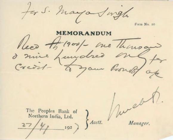 [Memorandum from the Peoples Bank of Northern India Ltd. to Mayo Singh]