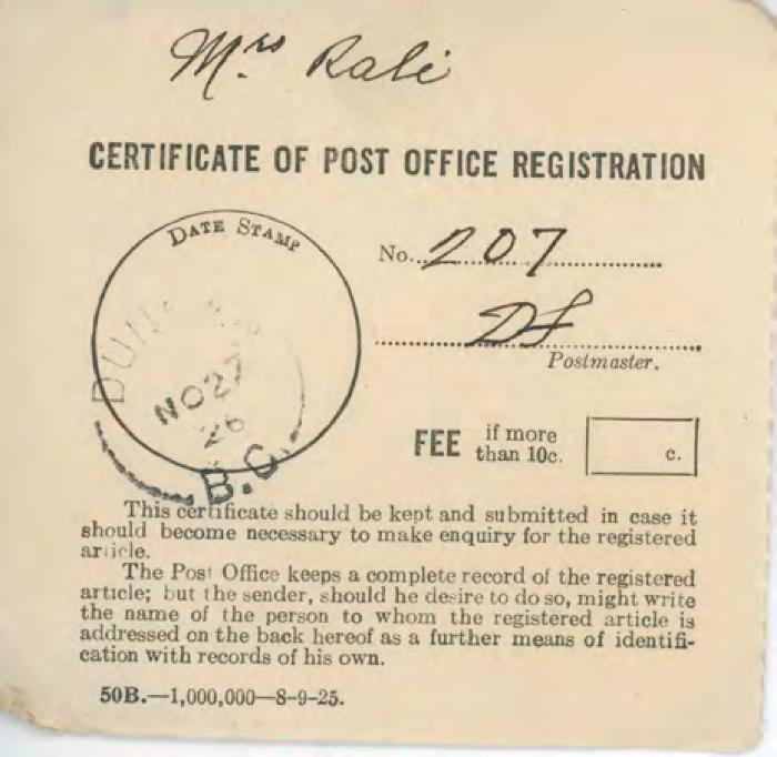 [Certificate of Post Office Registration addressed to Mrs. Rali]