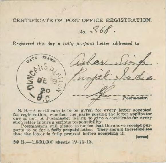 [Certificate of Post Office Registration addressed to Ashar Singh]