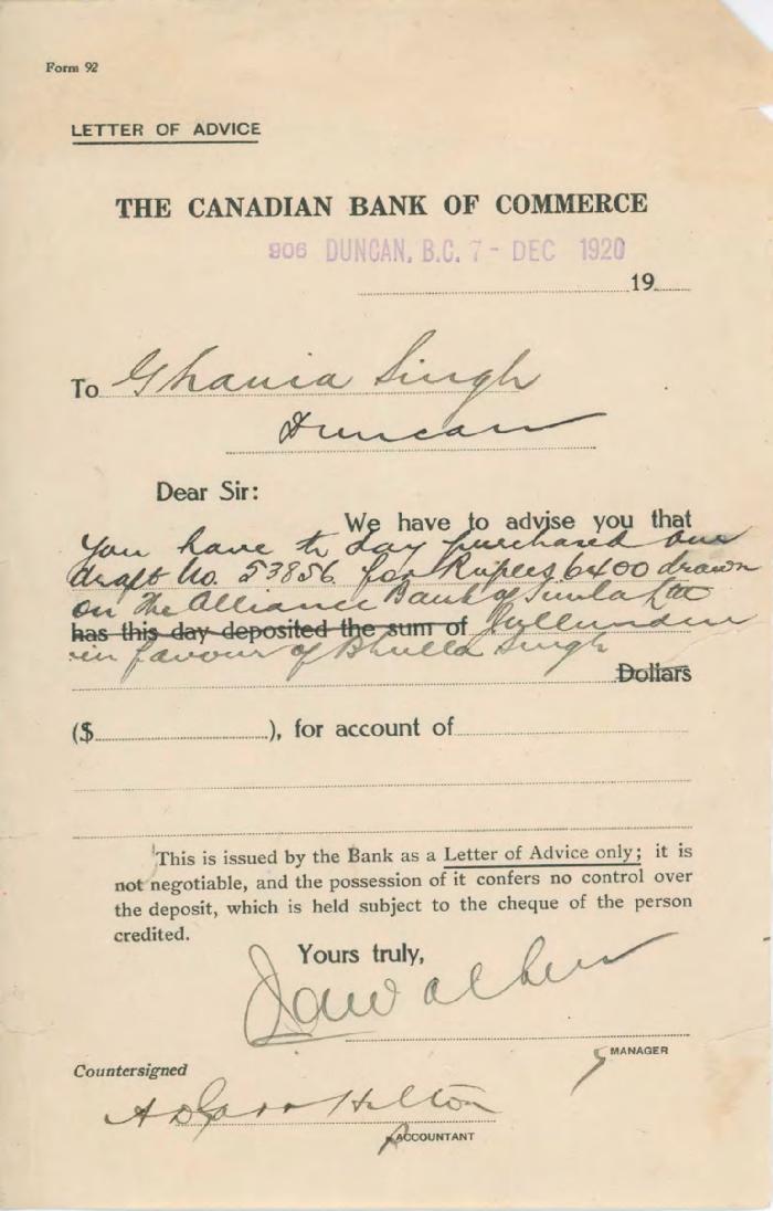 [Letter of advice from the Canadian Bank of Commerce to Ghania Singh, Duncan]
