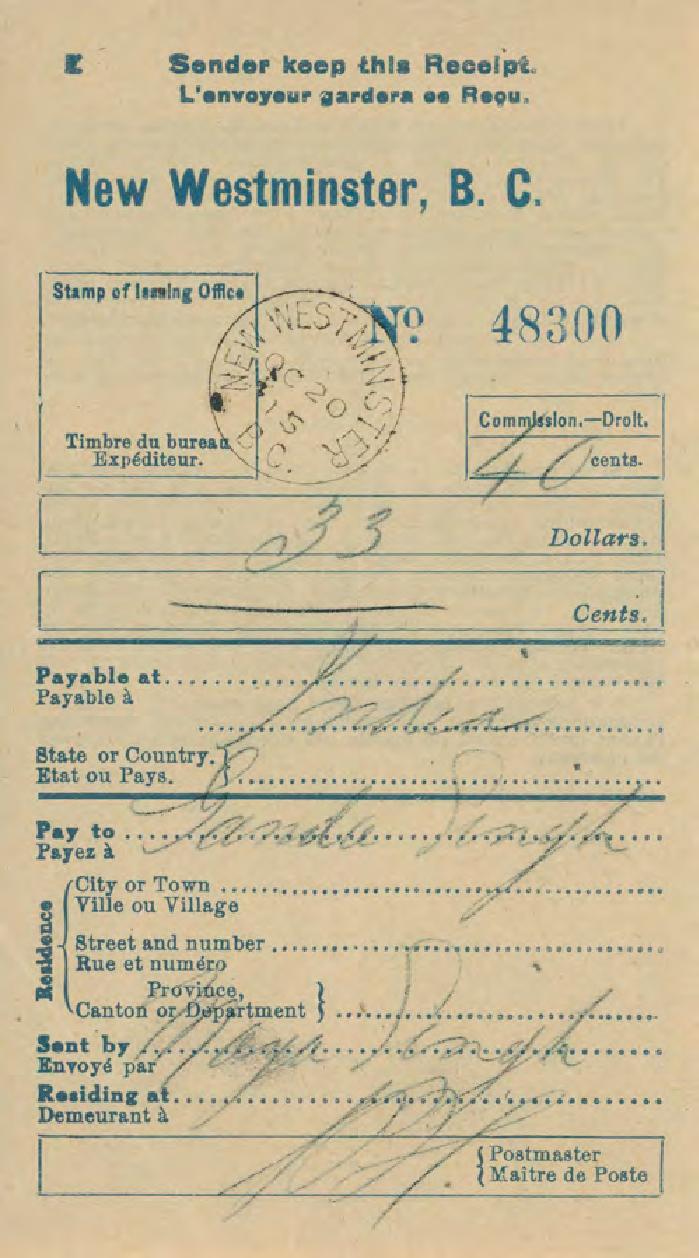 [Postal money receipt from Mayo Singh to Ganda Singh]