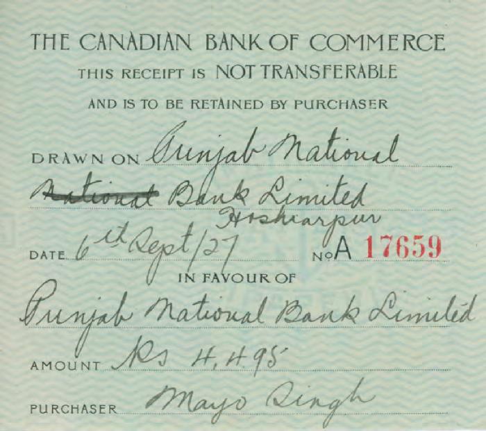 [Purchaser's receipt from the Canadian Bank of Commerce in favour of Punjab National Bank Limited]