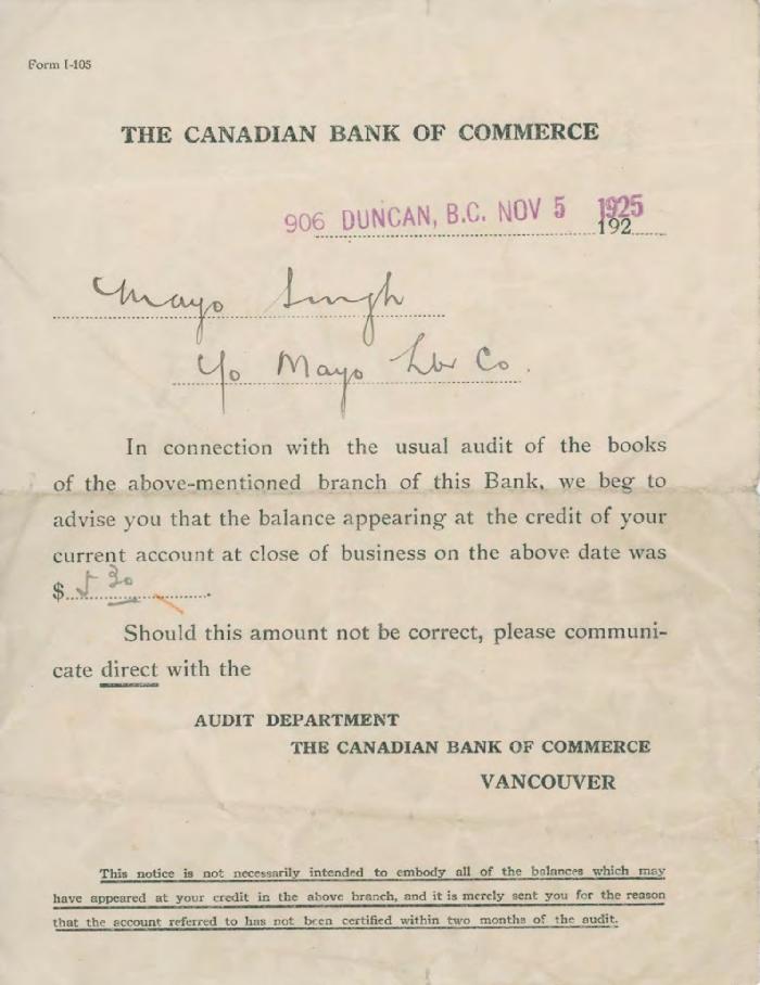 [Audit notice from the Canadian Bank of Commerce to Mayo Singh]