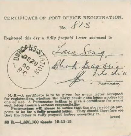 [Certificate of Post Office Registration addressed to Tara Singh]