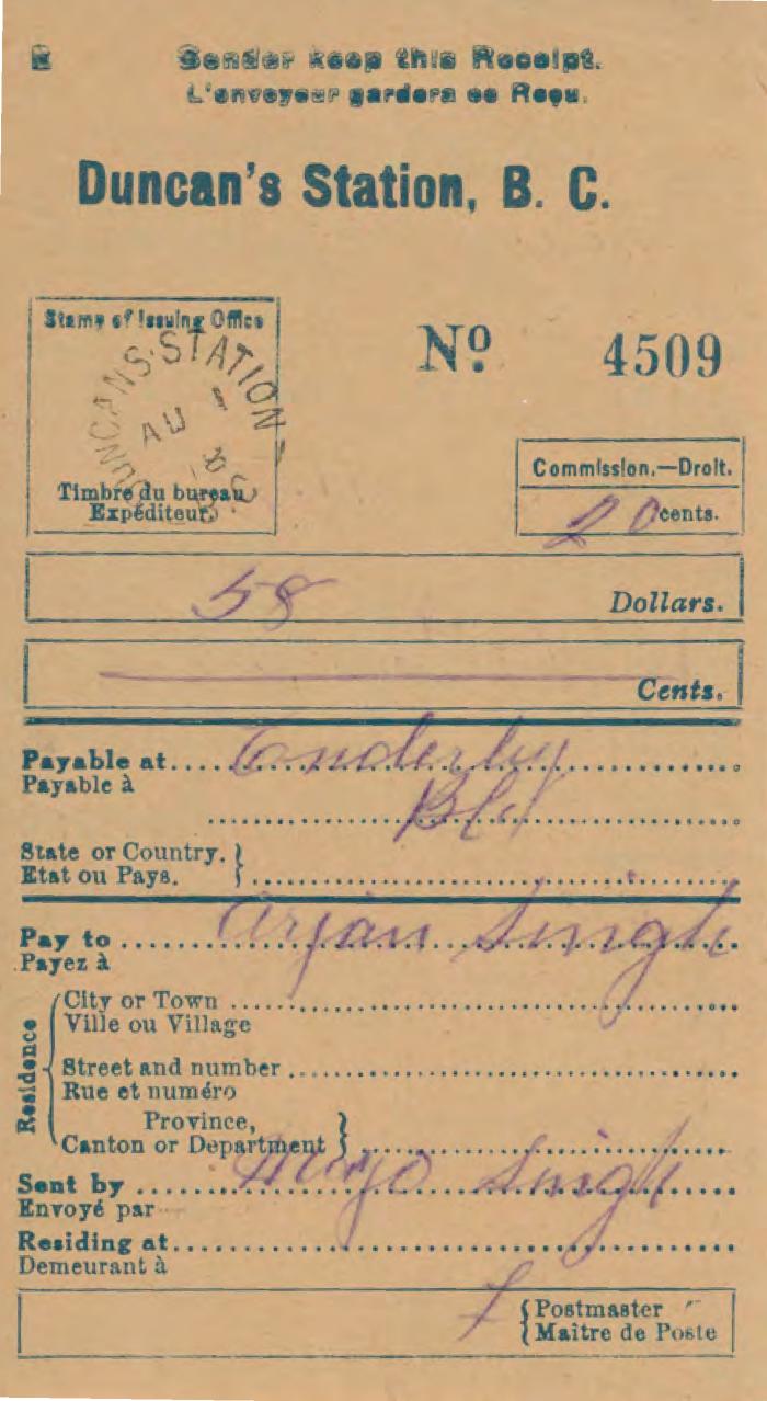 [Duncan Station receipt from Mayo Singh to Arjan Singh]