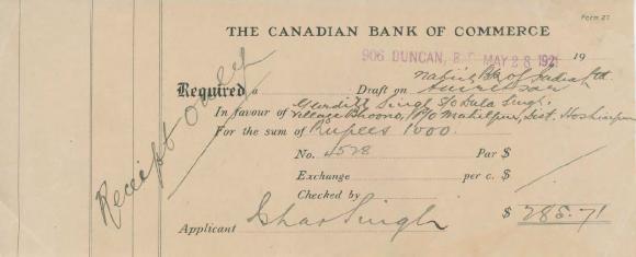 [Draft from the Canadian Bank of Commerce to Bhar Singh]
