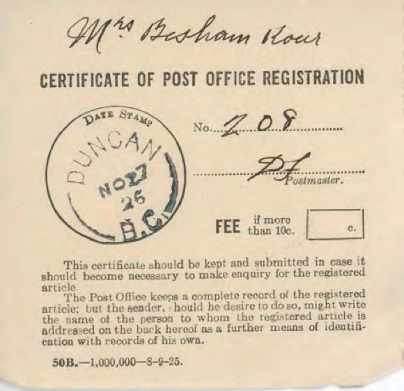 [Certificate of Post Office Registration addressed to Mrs. Bishan Kour]