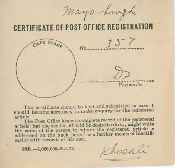 [Certificate of Post Office Registration]