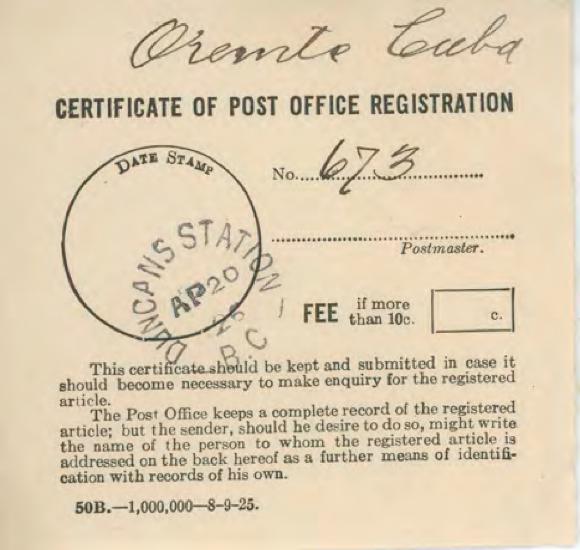 [Certificate of Post Office Registration number addressed to Oremte Cuba]