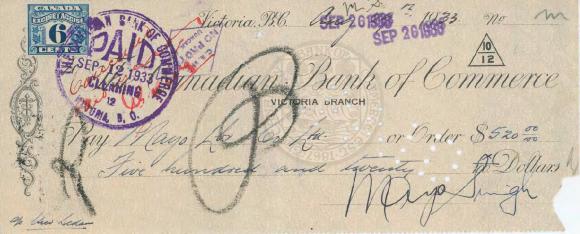 [Cheque for Mayo Lumber Company Ltd. signed by Mayo Singh]