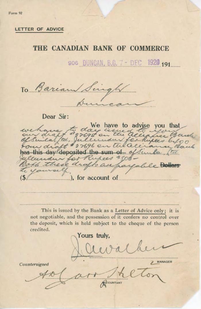 [Letter of advice from the Canadian Bank of Commerce to Bariam Singh, Duncan]