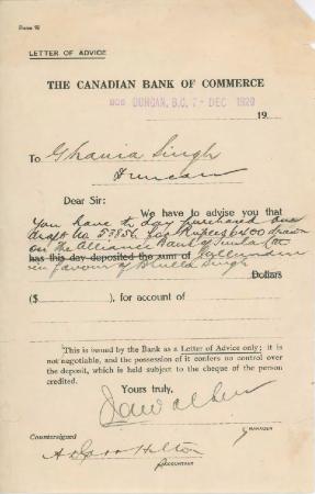 [Letter of advice from the Canadian Bank of Commerce to Ghania Singh, Duncan]