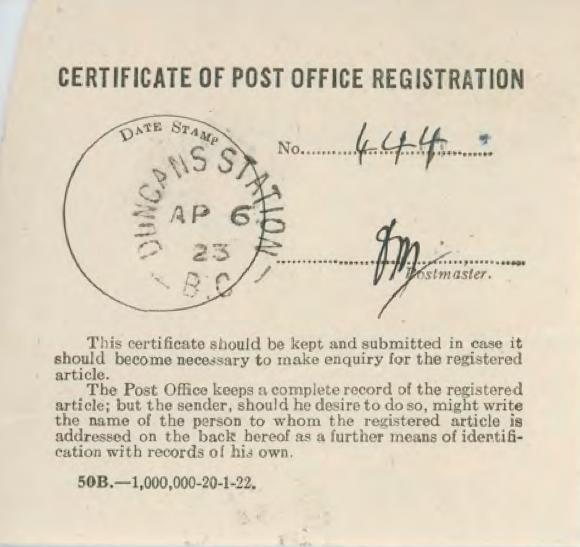 [Certificate of Post Office Registration]