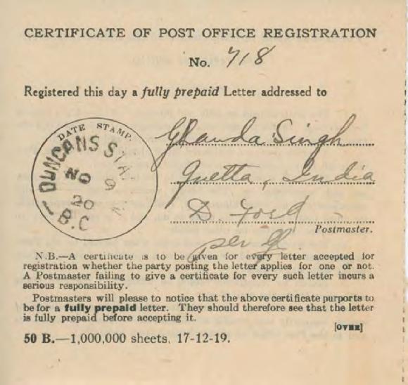 [Certificate of Post Office Registration addressed to Ganda Singh]