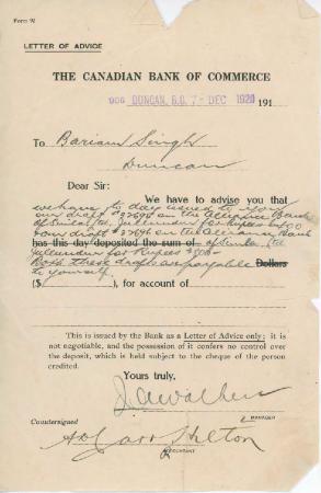 [Letter of advice from the Canadian Bank of Commerce to Bariam Singh, Duncan]