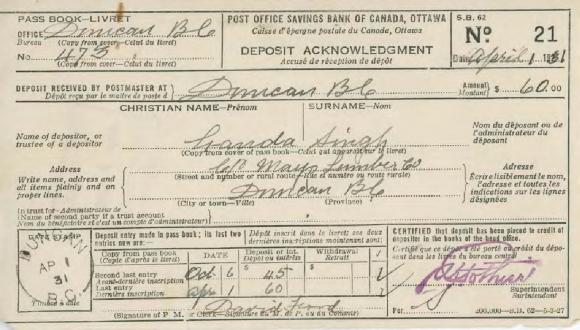 [Post Office Savings Bank of Canada : deposit acknowledgement receipt]