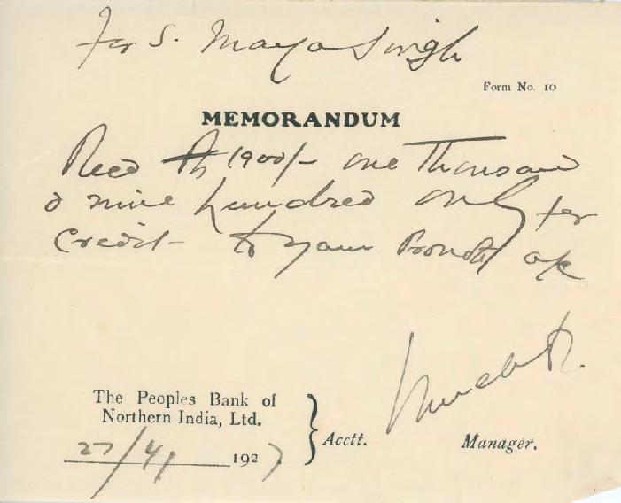 [Memorandum from the Peoples Bank of Northern India Ltd. to Mayo Singh]
